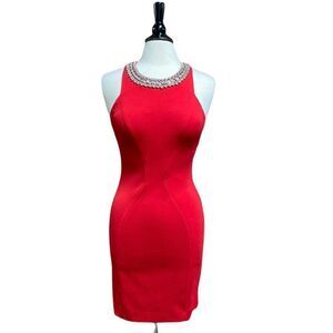 LM by Mignon Red Jeweled Neck Sleeveless Body-con Dress NWT